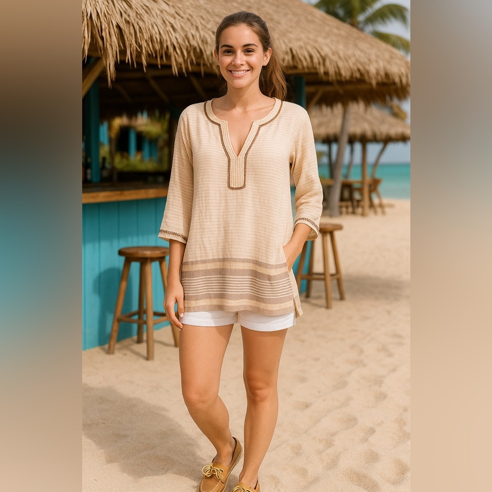 TOMMY BAHAMA Women's 100% Linen Shirt Beaded V-Neck Tunic Top Beige